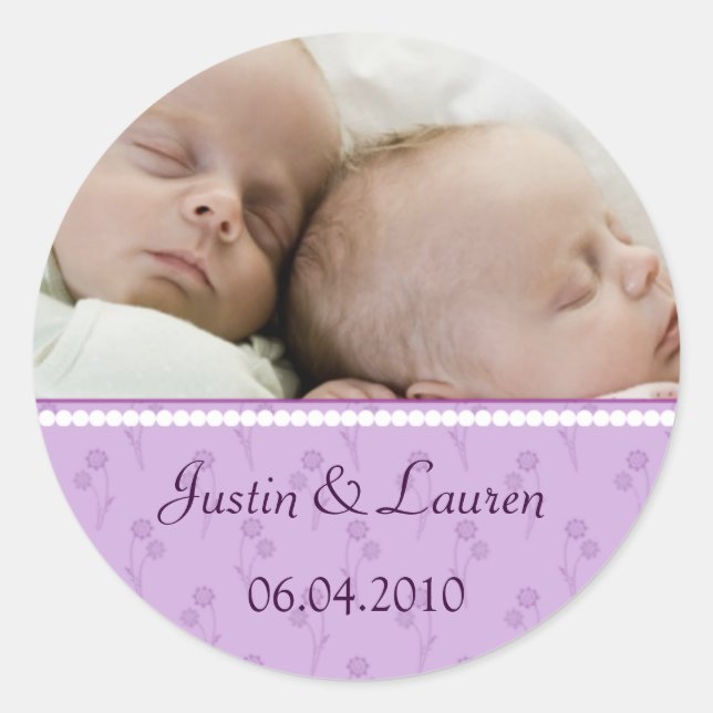Sticker Rond Lilac faire-part jumeaux perle (Devant)