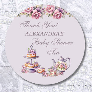 Sticker Rond Lilac Pink Floral Tea Party Baby shower Favoriser
