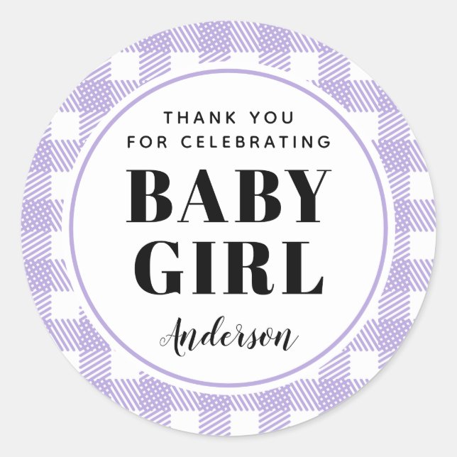 Sticker Rond Lilac Purple En vichy Plaid Merci bébé fille (Devant)