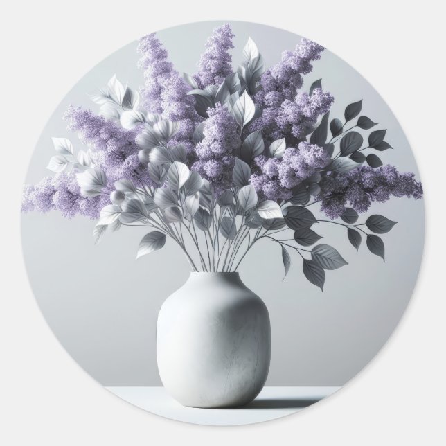 Sticker Rond Lilacs et bouquet de feuilles d'argent (Devant)