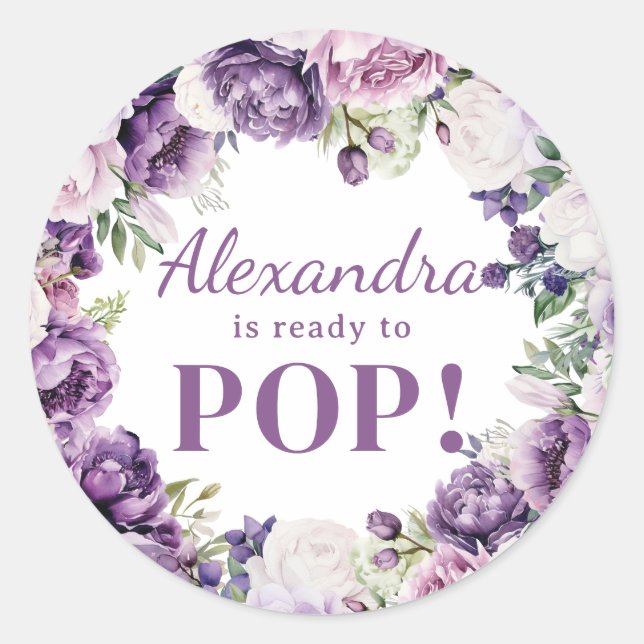 Sticker Rond Lilas Violet Foncé Floral Bébé Fille Prête à Arriv (Devant)