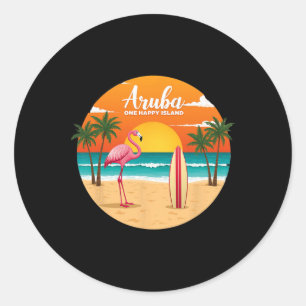 Sticker Rond L'île heureuse d'Aru Flamant rose Surf Tropical B