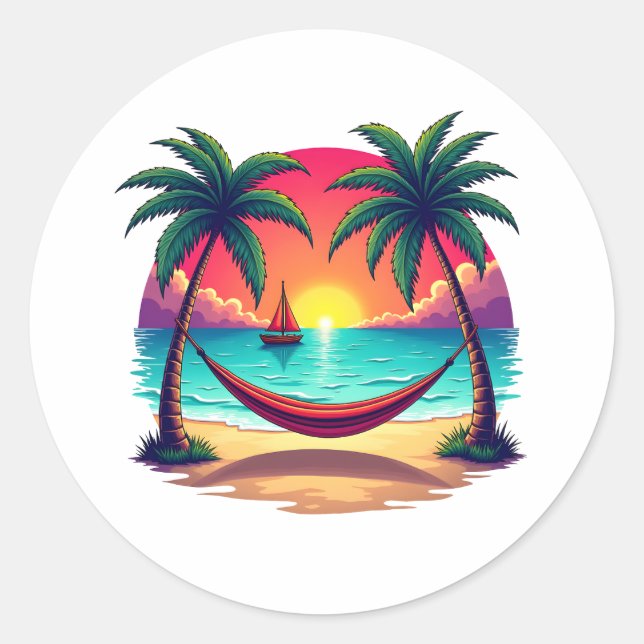 Sticker Rond L'île tropicale au coucher du soleil Illustration  (Devant)