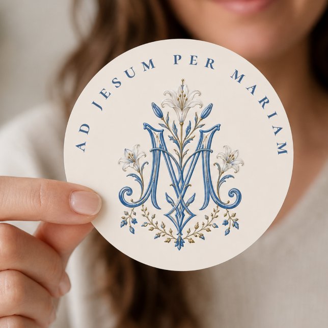Sticker Rond Lilies catholiques de monogramme marial bleu (Créateur téléchargé)