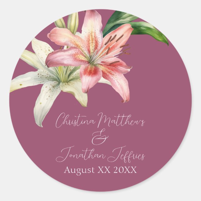 Sticker Rond Lilies Roses et Blanches Romantiques sur Fond Fuch (Devant)