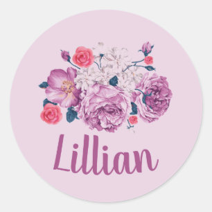 Sticker Rond Lillian Nom Floral Fille Fleur Personnalisé Vintag