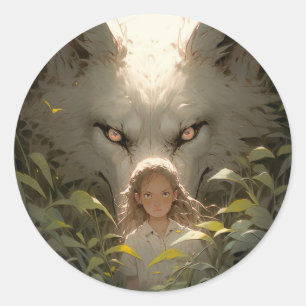 Sticker Rond L'Imaginaire mystique Wolf Guardian Anime