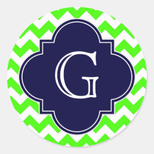 Sticker Rond Lime Green Chevron Navy Blue Quatrefoil Monogramme
