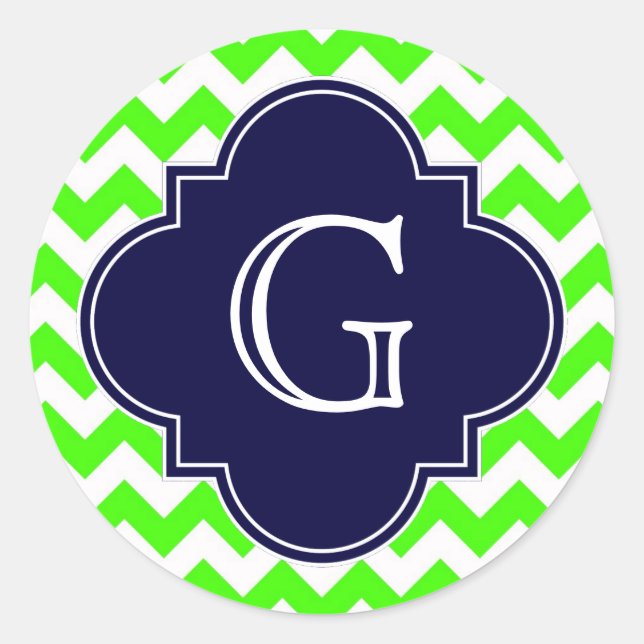 Sticker Rond Lime Green Chevron Navy Blue Quatrefoil Monogramme (Devant)