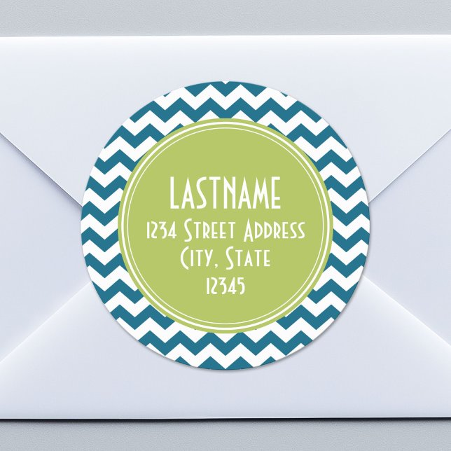 Sticker Rond Lime Green et Turquoise Chevron Motif Monogramme (Custom Return Address Sticker)