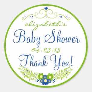 Sticker Rond Lime Vert & Baby shower Bleu - Floral