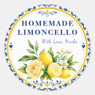 Sticker Rond Limoncello fait maison jaune et bleu à l'aquarelle