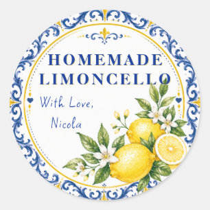 Sticker Rond Limoncello fait maison jaune et bleu à l'aquarelle