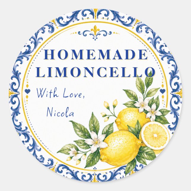 Sticker Rond Limoncello fait maison jaune et bleu à l'aquarelle (Devant)