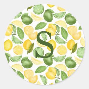 Sticker Rond Limons citrons Motif Aquarelle Monogramme simple