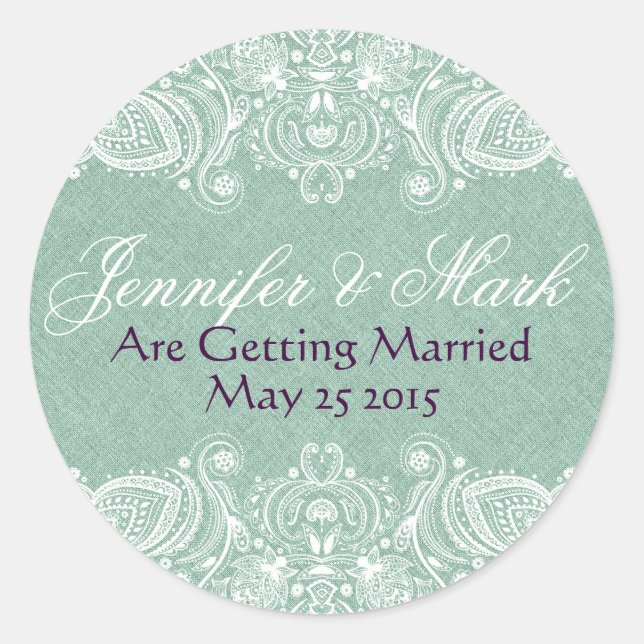 Sticker Rond Lin Faux Vert Menthe Burlap & Lace Paisley Blanche (Devant)