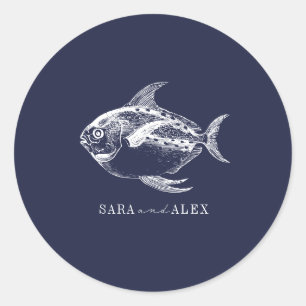 Sticker Rond Line Art Fish Dark Blue Beach Wedding