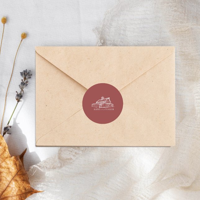 Sticker Rond Line Art Grange Muted Red Farm Mariage de automne (Créateur téléchargé)