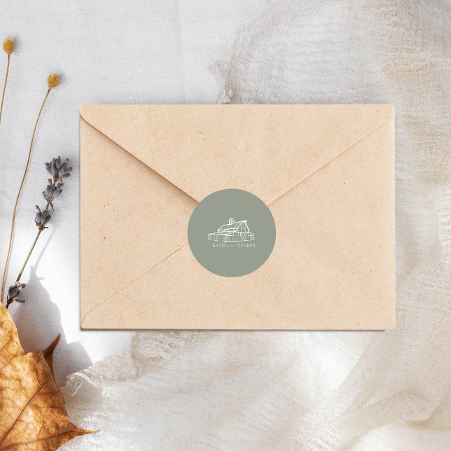 Sticker Rond Line Art Grange Sage Green Farm Mariage de automne (Créateur téléchargé)