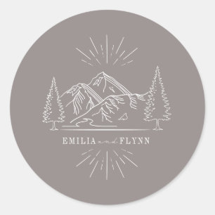 Sticker Rond Line Art Mountains Mariage Amethyst Mariage