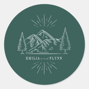 Sticker Rond Line Art Mountains Mariage Emerald Mariage