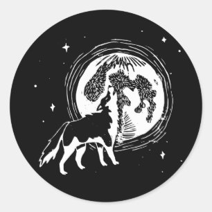 Sticker Rond Linocut de lune Husky Howling noir et blanc