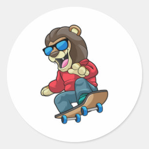 Sticker Rond Lion as skater with skateboard