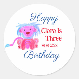 STICKER ROND LION BLEU ROUGE ANIMAL SAUVAGE ANNIVERSAIRE TROIS 