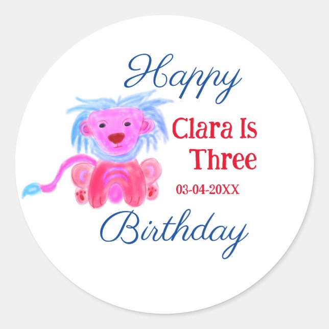 STICKER ROND LION BLEU ROUGE ANIMAL SAUVAGE ANNIVERSAIRE TROIS  (Devant)
