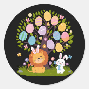Sticker Rond Lion Bunny Pâques Cute Arbre OEufs de chasse
