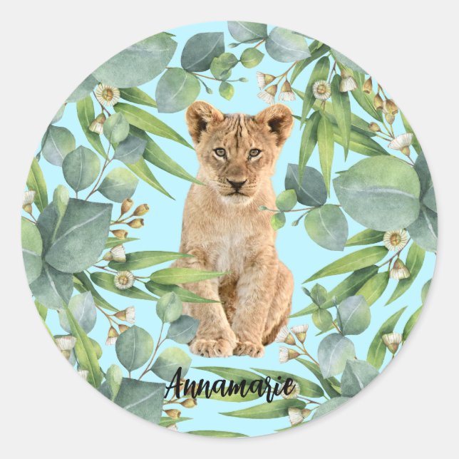 Sticker Rond Lion Cub Jungle Green Forest Cute Turquoise (Devant)