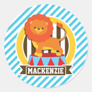 Sticker Rond Lion de cirque Grand Haut Orange ; Bleu & Blancs