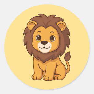 Sticker Rond Lion de dessin animé mignon sur fond jaune
