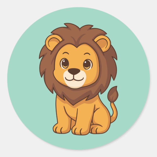Sticker Rond Lion de dessin animé mignon sur fond vert (Devant)