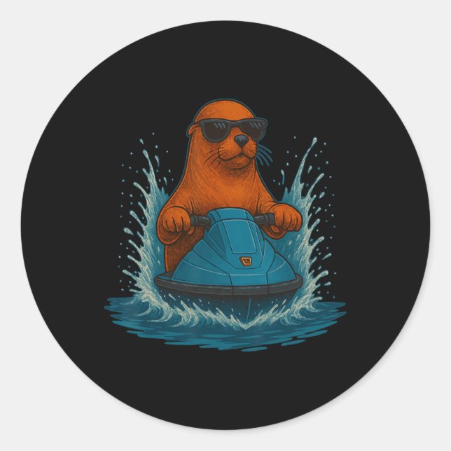 Sticker Rond Lion de mer cool avec lunettes de soleil Cavalier  (Devant)
