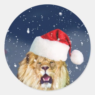Sticker Rond Lion de Noël dans l'autocollant de Santa Hat