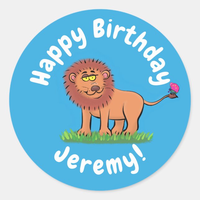 Sticker Rond Lion drôle mignon avec dessin animé papillon (Devant)