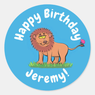 Sticker Rond Lion drôle mignon avec dessin animé papillon