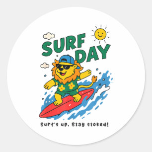 Sticker Rond Lion drôle surfant Vacances d'été Jour de surf Gar