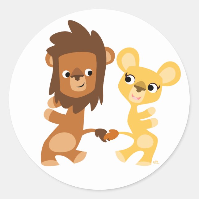 Sticker Rond Lion et lionne de bande dessinée dansant autour de (Devant)
