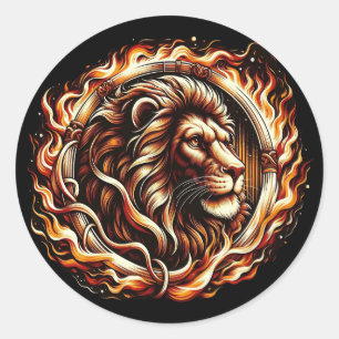 Sticker Rond Lion Flamboyant dans un Anneau de Flammes d'Astrol
