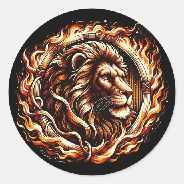 Sticker Rond Lion Flamboyant dans un Anneau de Flammes de Feu A (Devant)