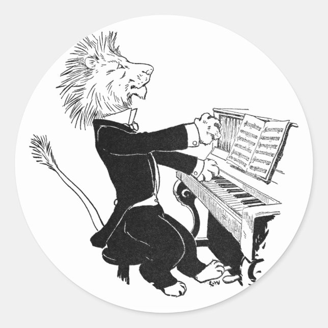 Sticker Rond Lion Jouer Piano Antique Louis Wain Dessin (Devant)