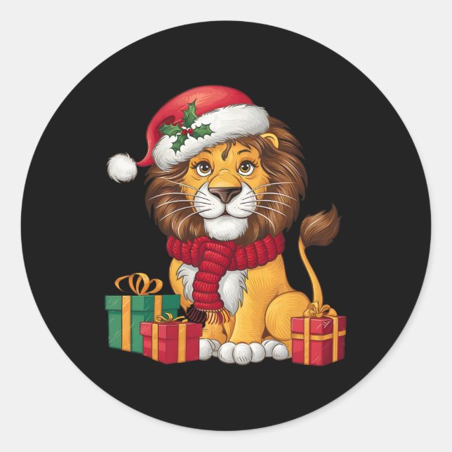 Sticker Rond Lion Lover Xmas vacances Père Noël Lion Noël (Devant)