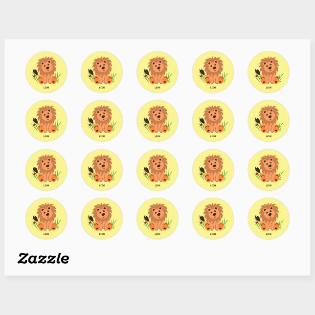 Sticker Rond Lion mignon dans l'herbe avec coccinelle (Feuille)