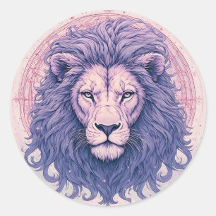 Sticker Rond Lion royal avec crinière violette et accents cosmi