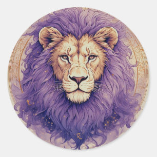 Sticker Rond Lion royal avec crinière violette et accents cosmi