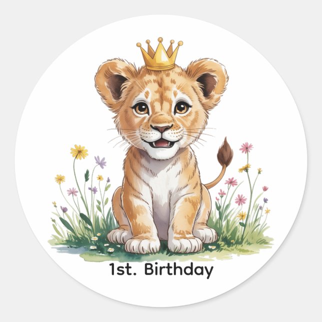 Sticker Rond Lion Royal Bébé 1er. Fête d'anniversaire (Devant)