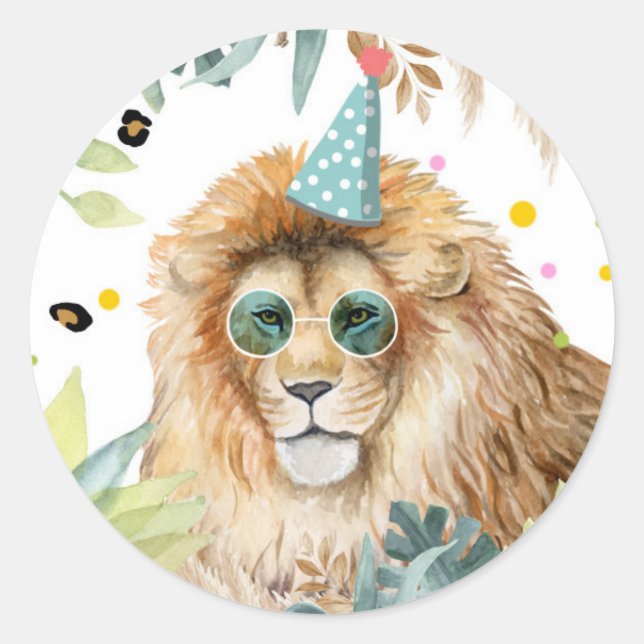 Sticker Rond Lion Safari Party Animal Birthday Favor Decor (Devant)