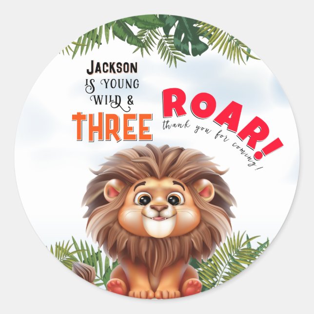 Sticker Rond Lion Safari Wild & Trois Anniversaires de enfants (Devant)